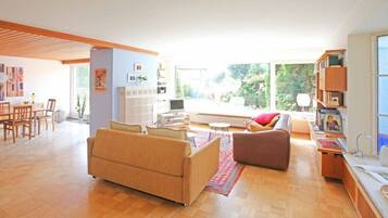 Smart-TV, Kamin, DVD-Player, Bücher