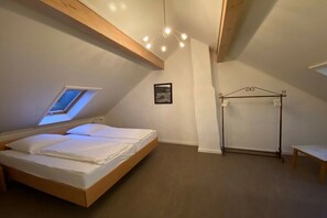 Un dormitorio con techo inclinado, una cama, tragaluces, lámpara colgante y estructura de cama de metal.