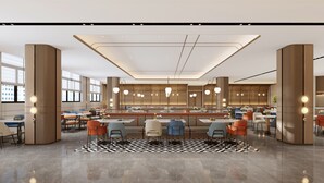 A modern hotel lobby with a central bar area, seating arrangements, and a patterned floor. - Holiday Inn Express Jinjiang Dihao Square by IHG (Quanzhou)