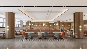 A modern hotel lobby with a central bar area, seating arrangements, and a patterned floor.