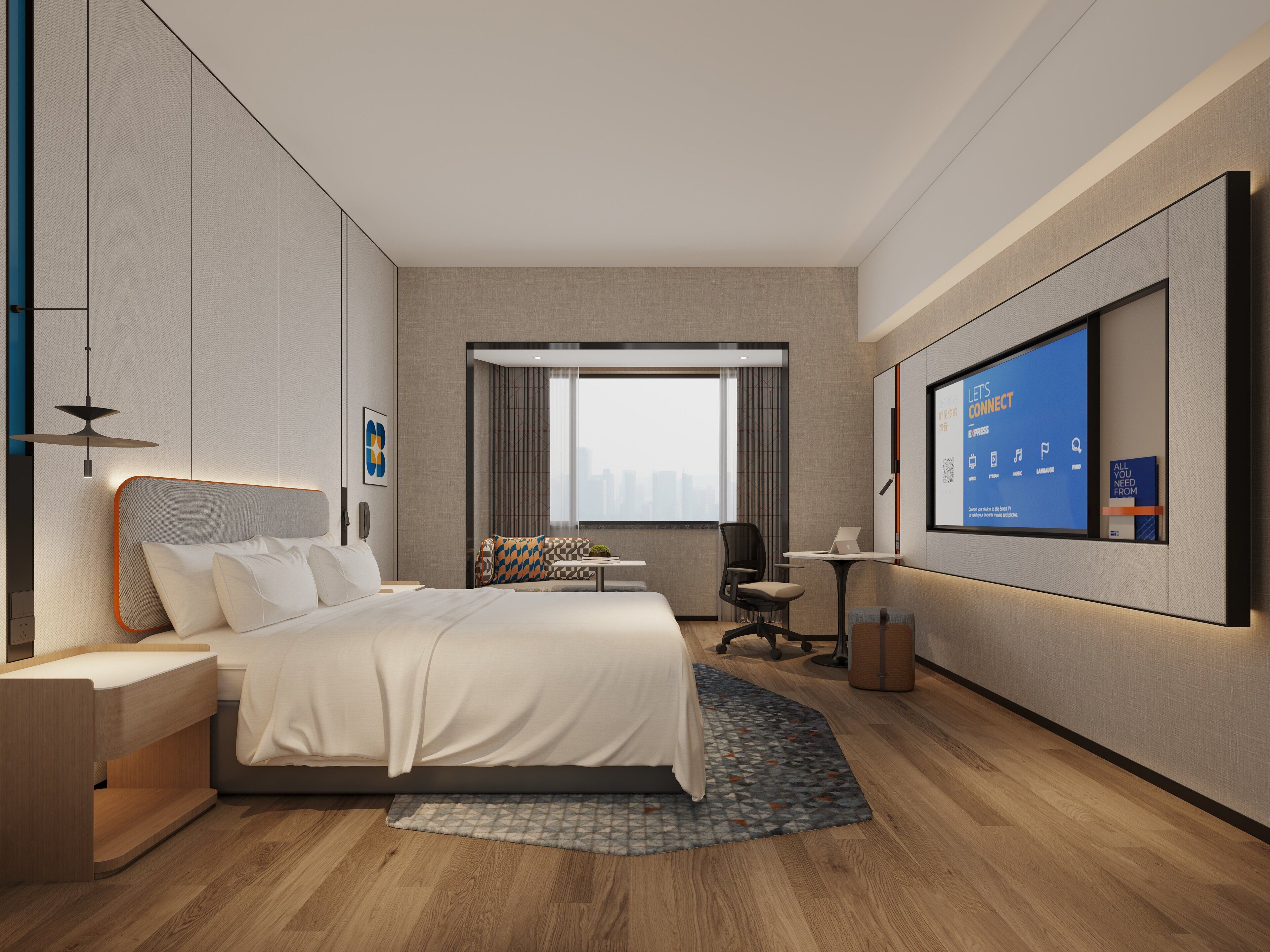 A modern hotel room with a large bed, a desk, a chair, a TV screen, and a city view.