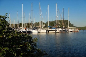 Ein Yachthafen mit mehreren angemeldeten Segelbooten, umgeben von Grünflächen und einem klaren Himmel.