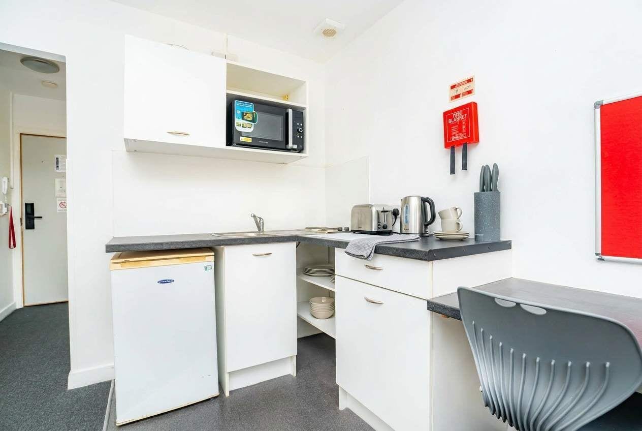 Fridge, microwave, stovetop, electric kettle