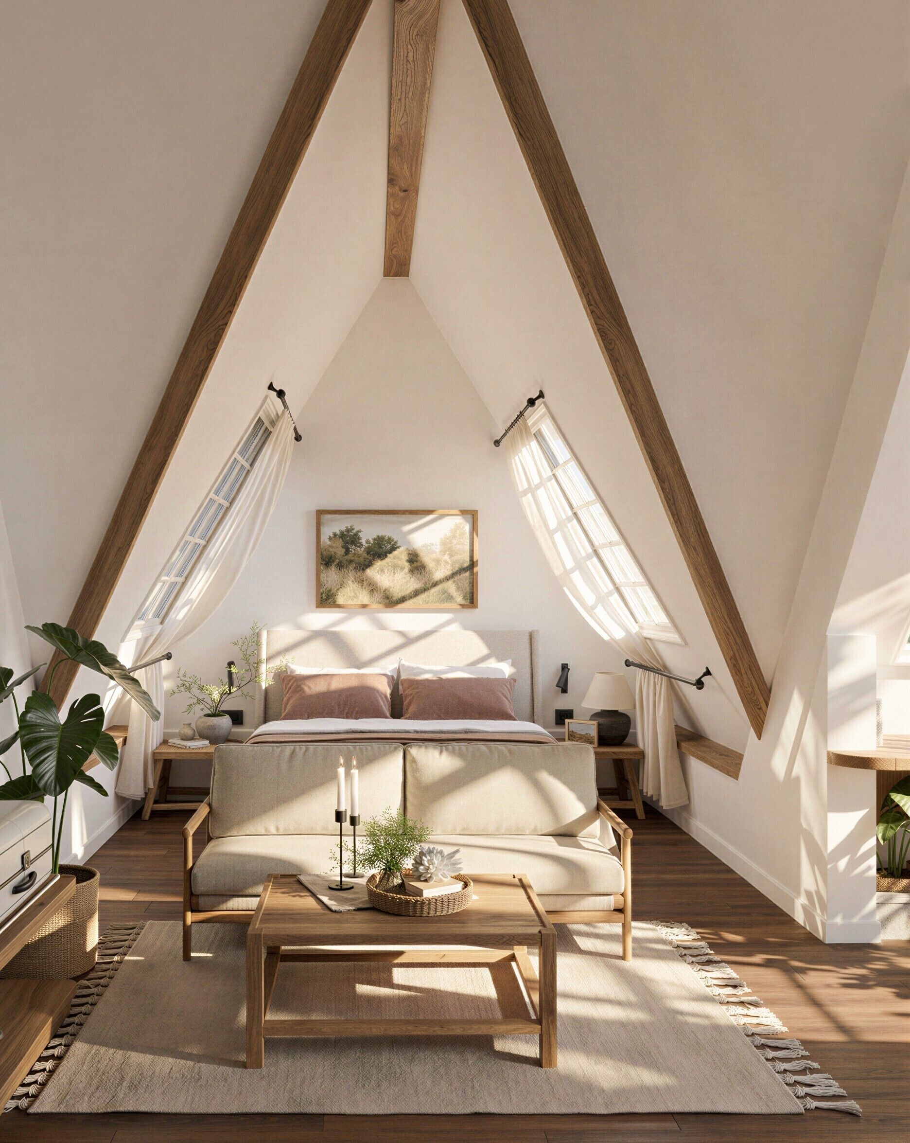 Um quarto de sótão aconchegante, com teto inclinado, uma cama, uma mesa de centro de madeira e uma janela grande com cortinas.
