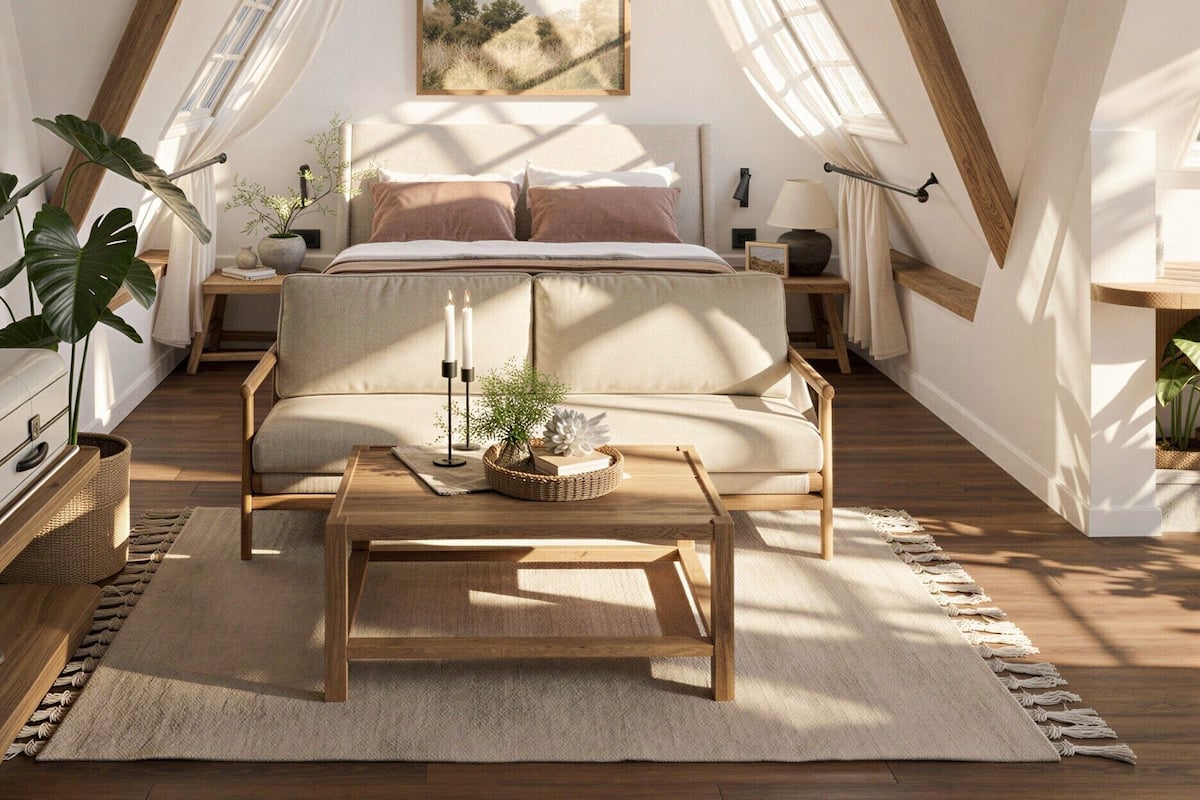 A cozy loft bedroom with a sloped ceiling, a bed, a wooden coffee table, and a large window with curtains.