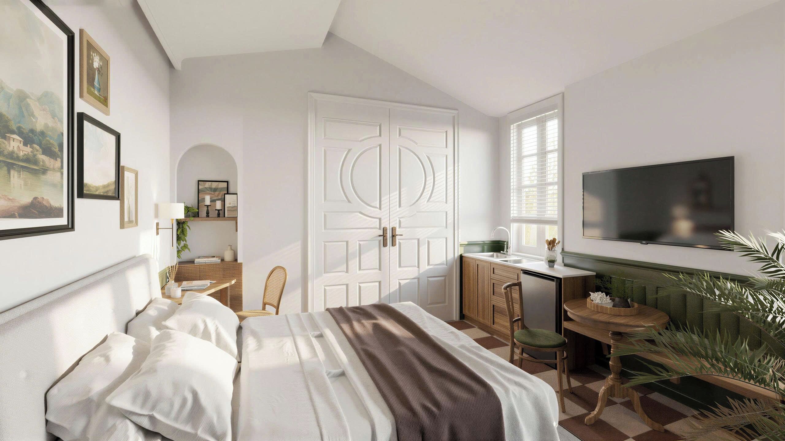 Um quarto com cama, escrivaninha, televisão e janela.