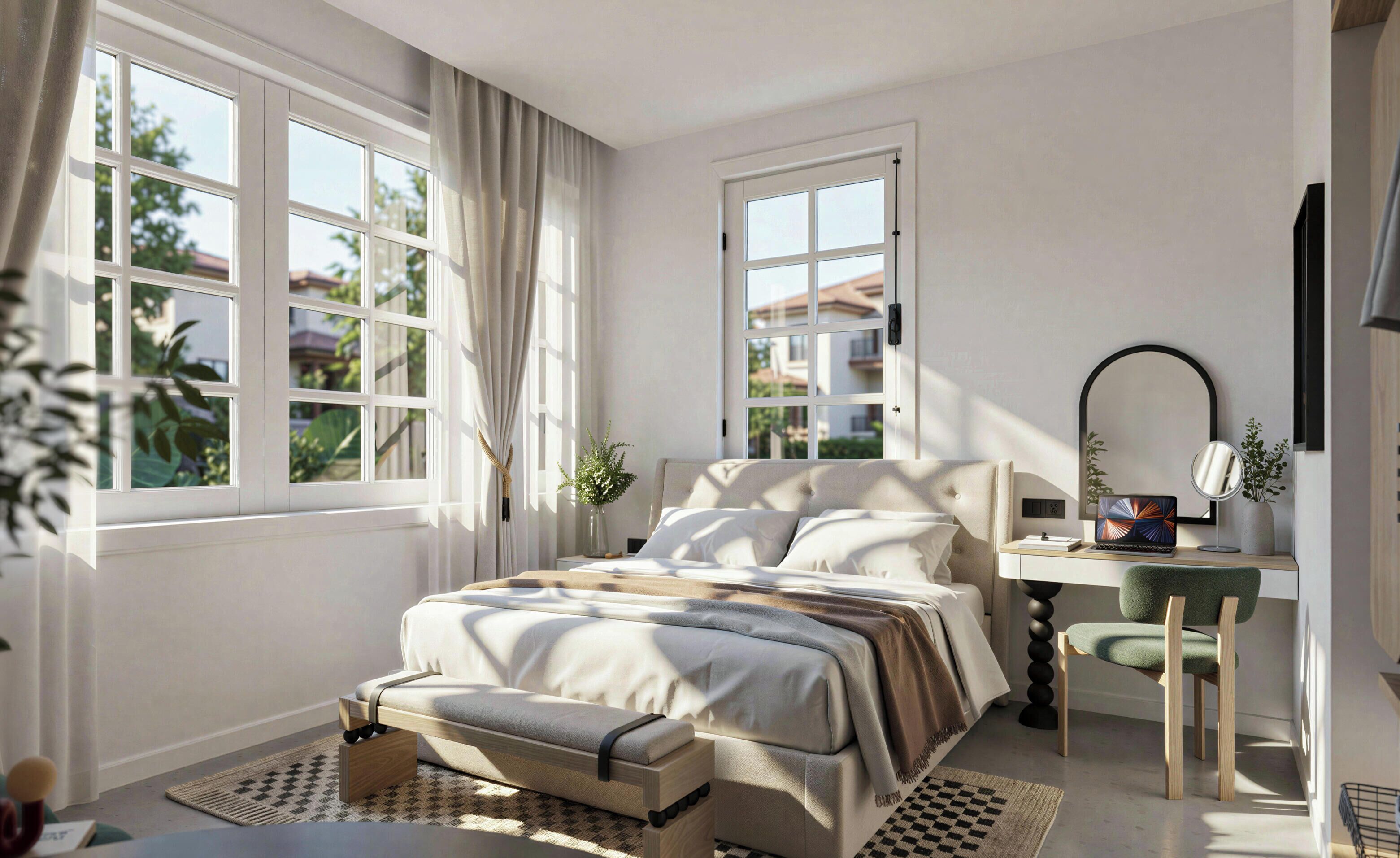 Quarto com cama, escrivaninha, cadeira e janela com cortinas.