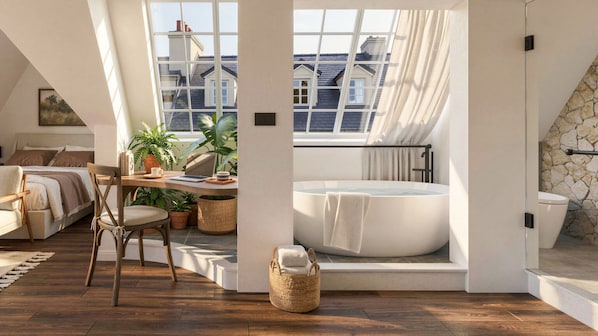 Quarto moderno estilo loft, com janela embutida grande, banheira e vista para edifícios vizinhos.