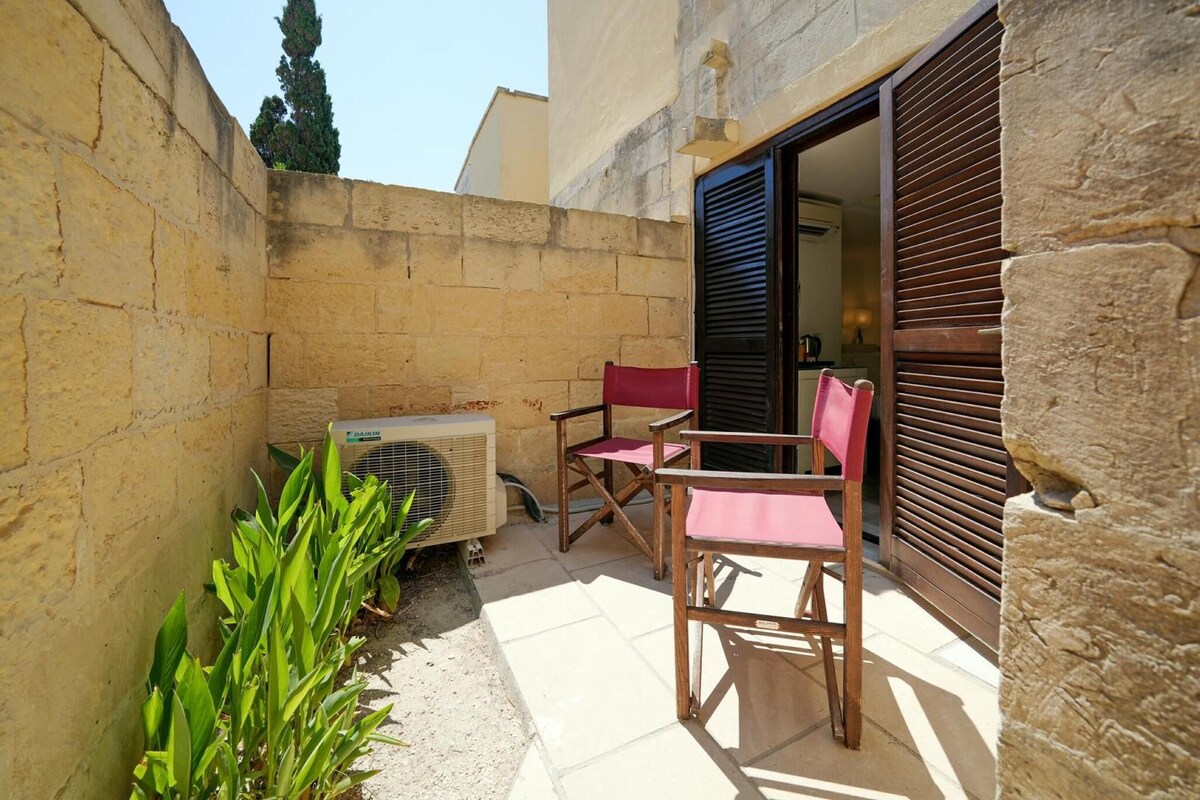 An outdoor seating area with two wooden chairs and a table, a potted plant, and an air conditioning unit.