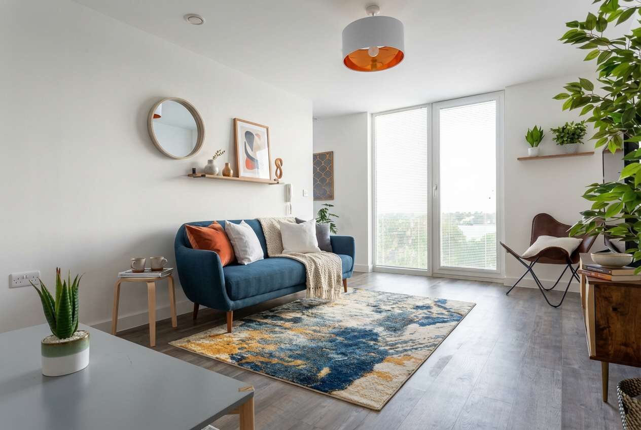 A modern living room with a blue sofa, a round mirror, and a large window with blinds.