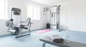 A gym with a PLAMAX machine, a squat rack, a bench, and a pink mat. - Modern Central Coventry Studio – Gym Access (Coventry)