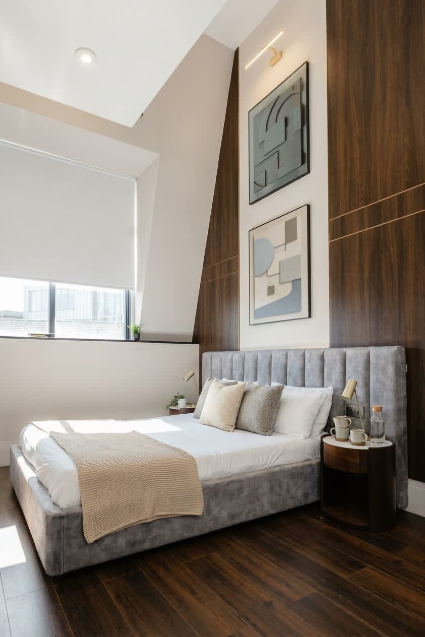 A modern bedroom with a large bed, wooden flooring, and artwork on the wall.