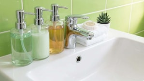A bathroom sink with three dispensers, a faucet, and a small potted plant. - Cosy Budget Double Studio in Nottingham Centre (Nottingham)
