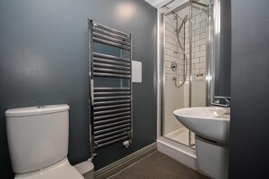 Ein Badezimmer mit Toilette, einem Chrom-Handtuchhalter, einer Duschkabine aus Glas und einem Waschbecken.