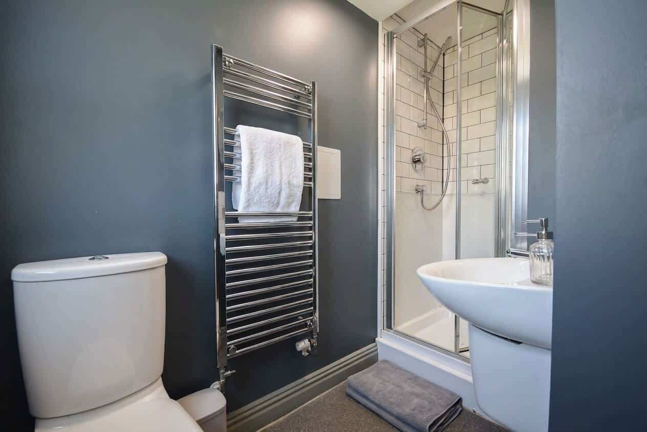 Een badkamer met toilet, handdoekhouder, douchecabine van glas en een wastafel.