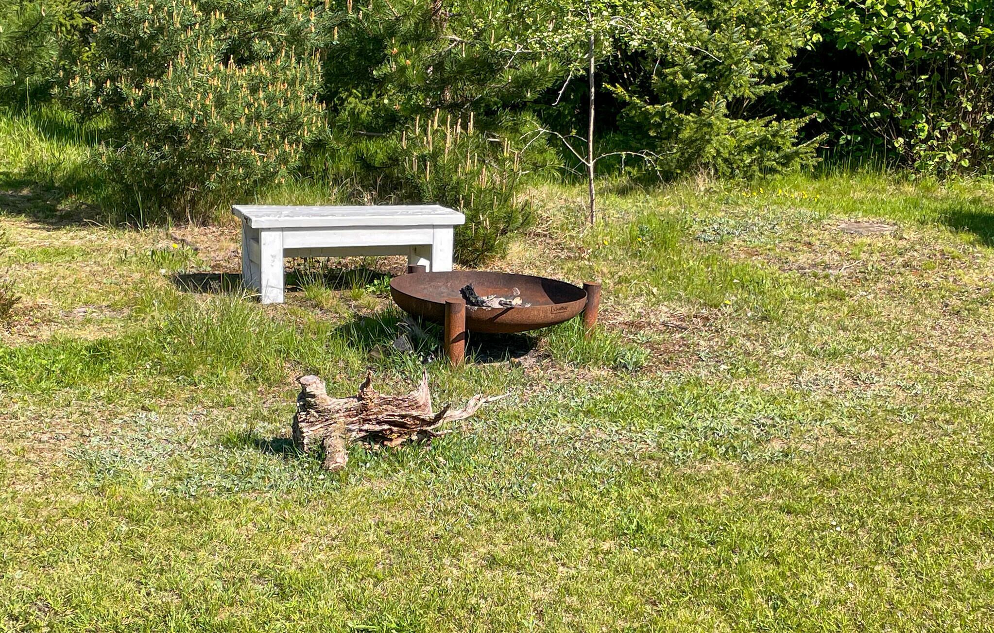 Un espace extérieur verdoyant avec un banc blanc et un abreuvoir à oiseaux en métal.
