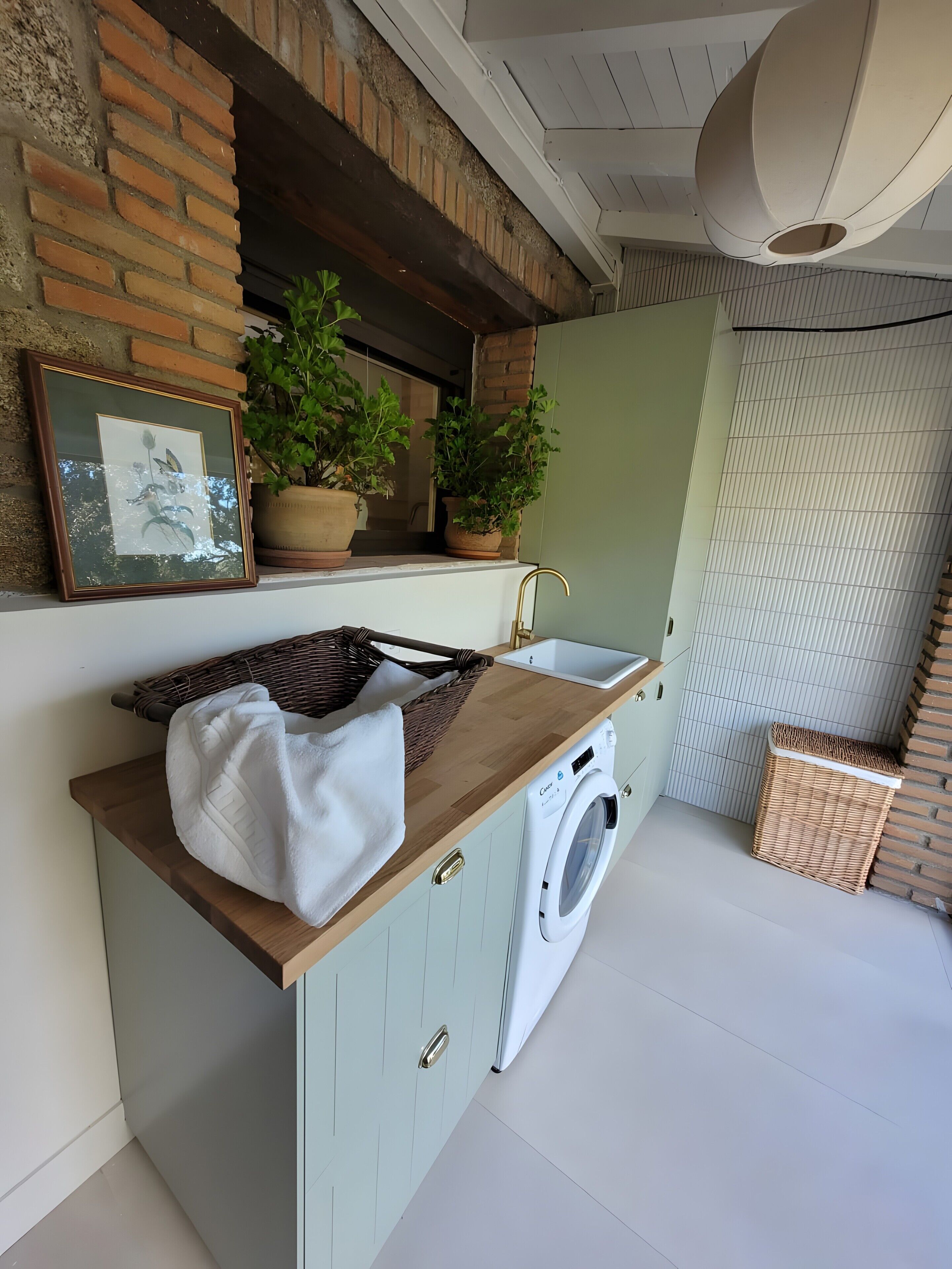 Un área de lavandería con lavadora, lavabo y plantas en macetas.