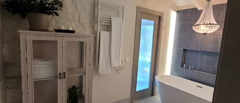 Shower, hair dryer, towels