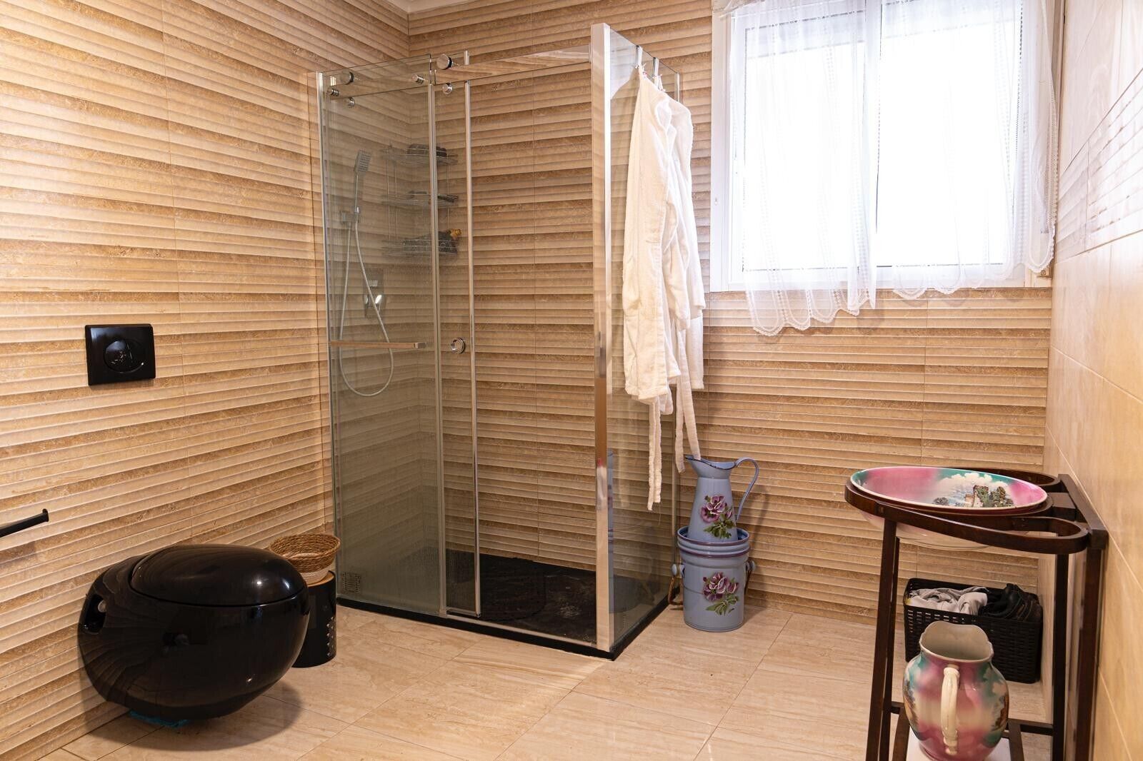 Shower, hair dryer, towels