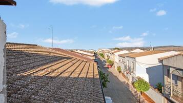 Vista de carrer amb teules de terracota, un carrer estret i edificis amb balcons.