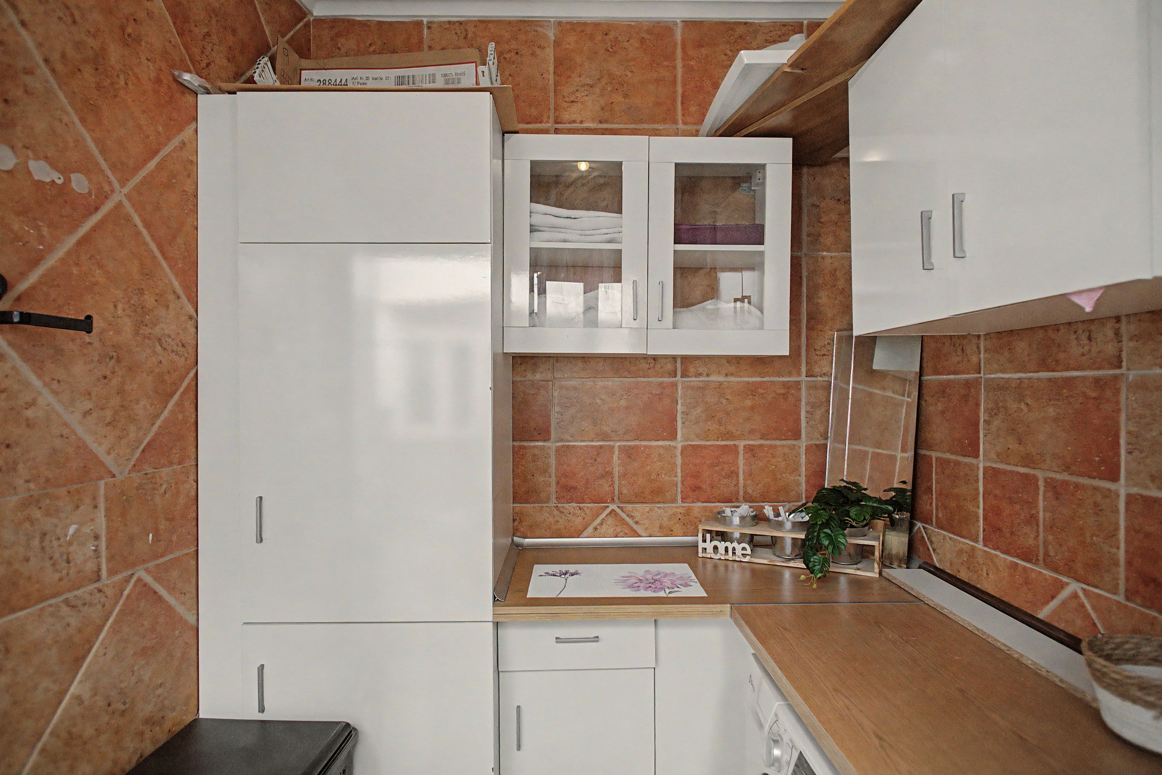Cocina compacta con armarios blancos, horno integrado y una pequeña encimera con una planta.