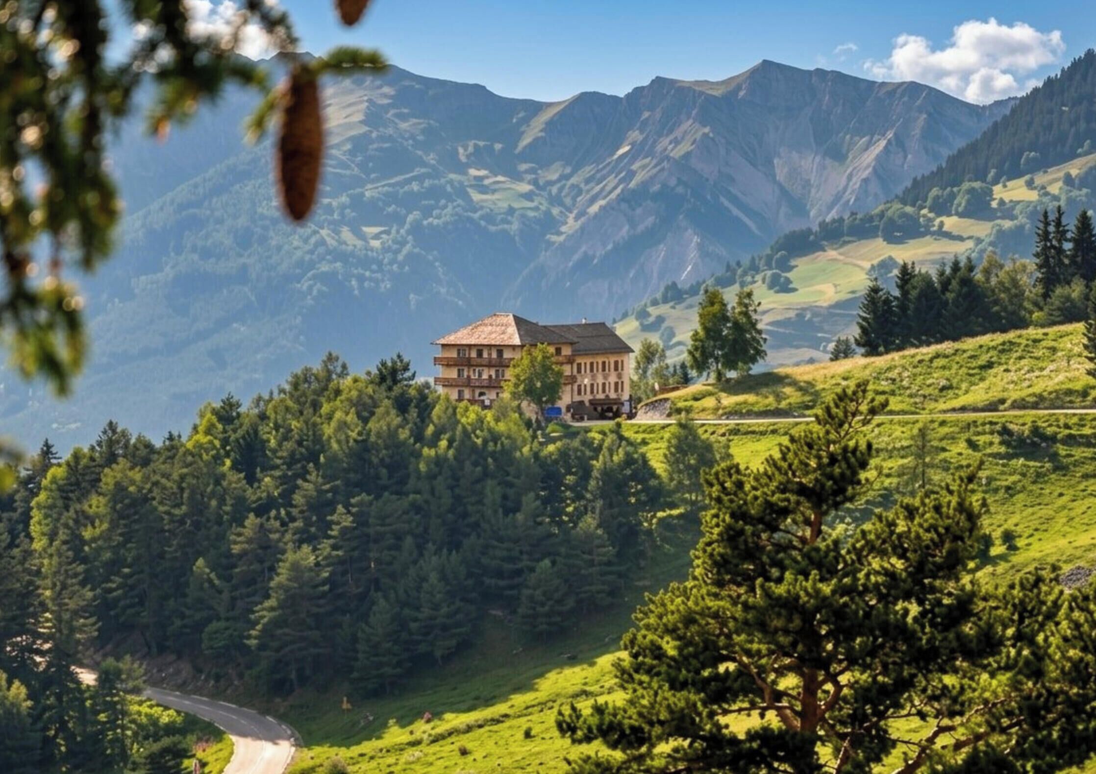 A building with a traditional architectural style, surrounded by lush green hills and mountains.