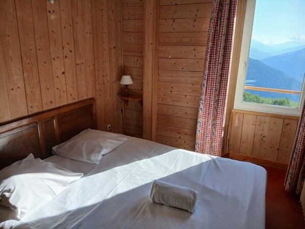 A wooden room with a bed, a nightstand, and a window with a view of mountains.