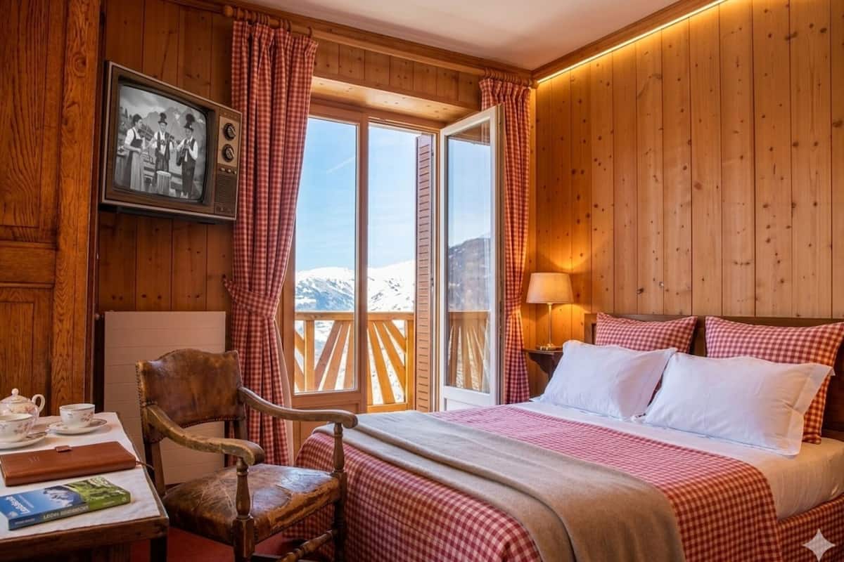 Una habitación de madera con una cama, una silla, una mesa con un libro y una tetera, y un televisor en la pared.