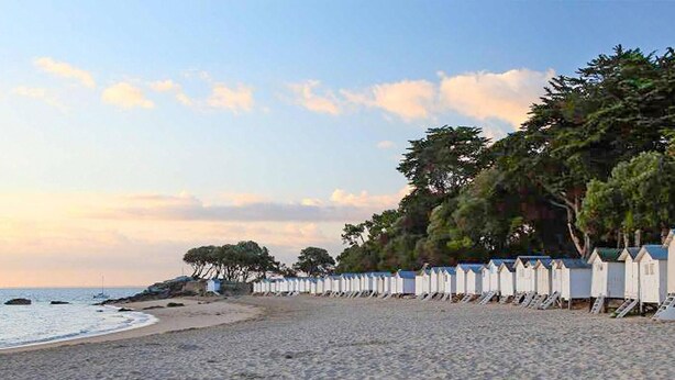 Une plage bordée d’une rangée de cabanes de plage blanches, avec des arbres en arrière-plan et une mer calme.