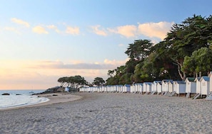 Ein Strand mit einer Reihe weißer Strandhütten entlang der Küste, Bäumen im Hintergrund und ruhiger See.
