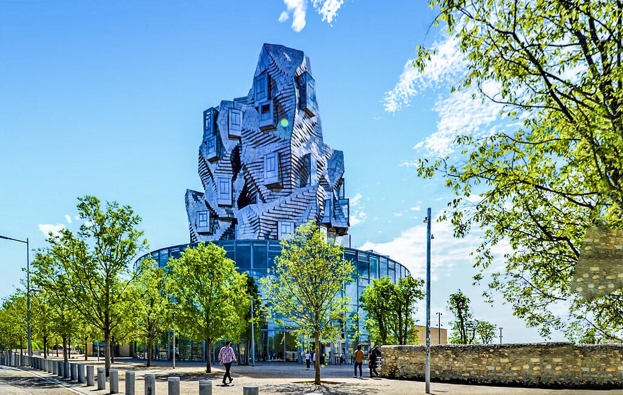 A modern building with a unique, angular design.