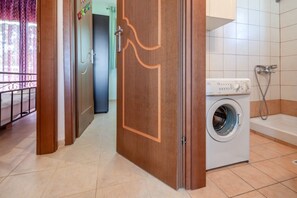 A hotel room with a wooden door, a washing machine, and a shower. - Konstantina`s House by Rentals Pro - Afytos Halkidiki (Afytos)