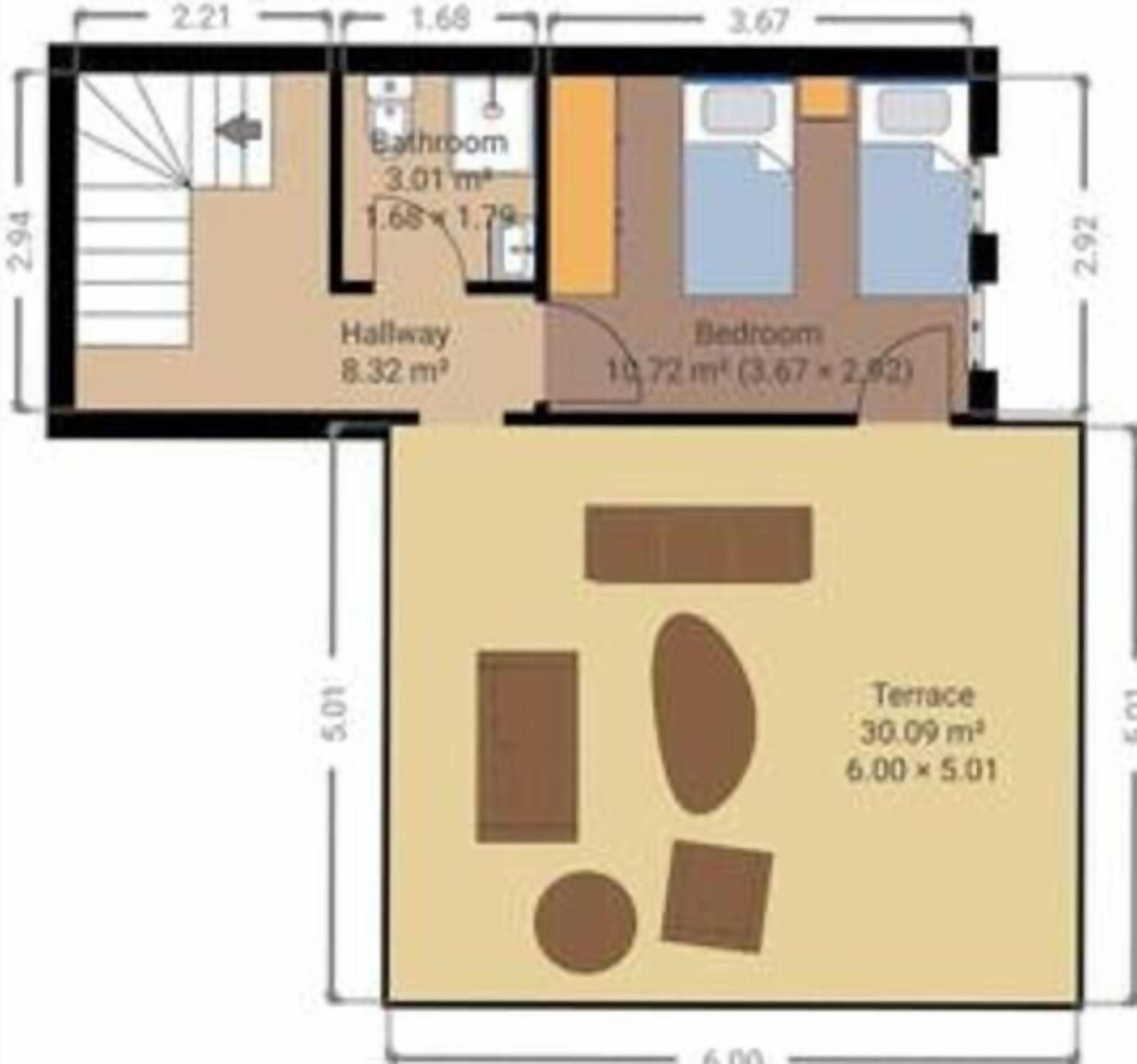 A floor plan with a bedroom, bathroom, and terrace.