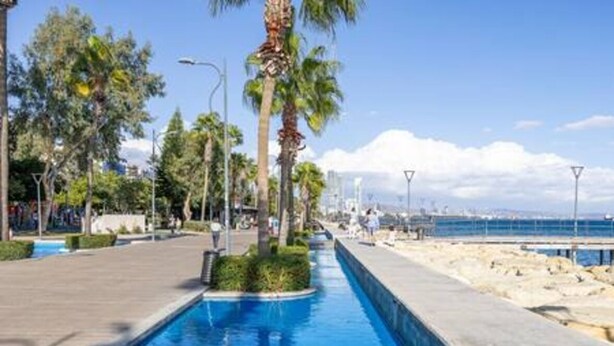 A swimming pool with a paved walkway, palm trees, and a view of the sea. - 75 Prokymea - Steps from the Sea, Balcony (Limassol)