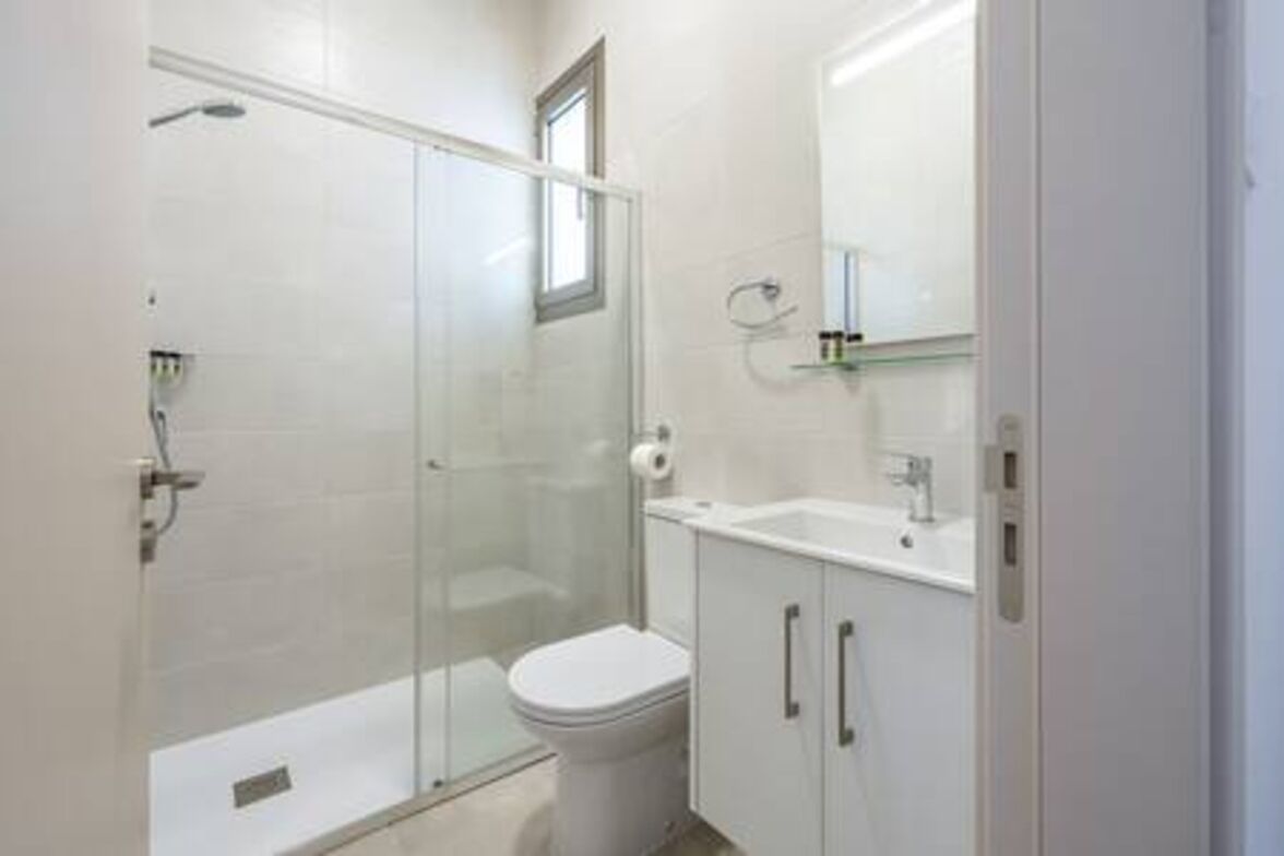 A bathroom with a glass shower enclosure, a toilet, a sink, and a mirror.