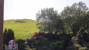 Un área con césped que incluye un parque infantil, con un tobogán y una colina al fondo.