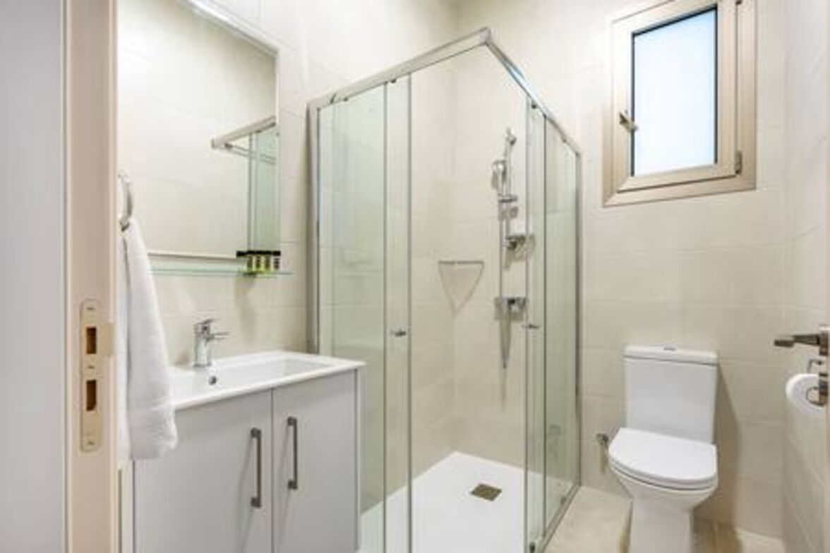 Ein Badezimmer mit Duschkabine aus Glas, einer weißen Toilette und einem Waschbecken mit Spiegel darüber.