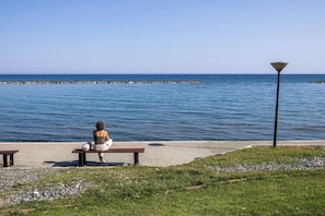 Eine Person sitzt auf einer Bank in der Nähe von Wasser, einer Straßenlaterne und einem gepflasterten Gehweg.