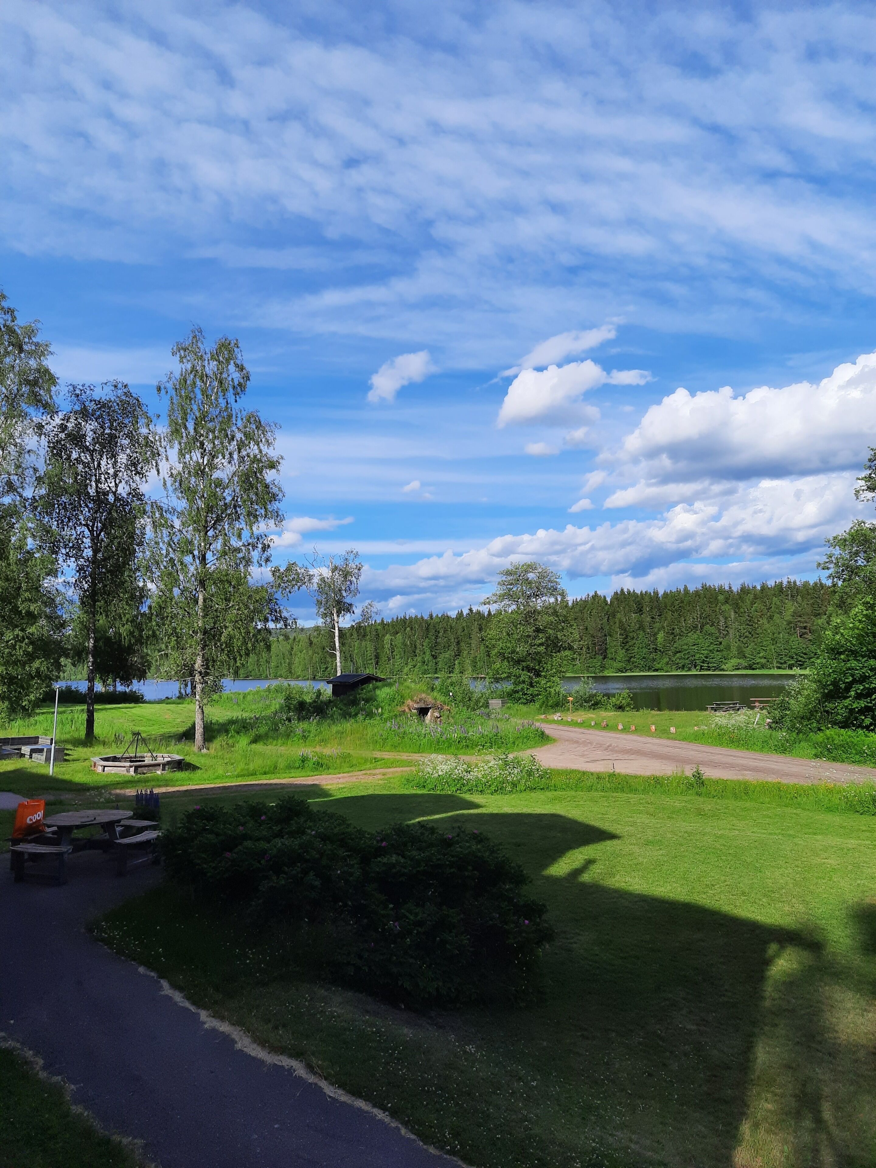 Un parc avec un lac, des arbres et un espace aménagé pour pique-niquer.