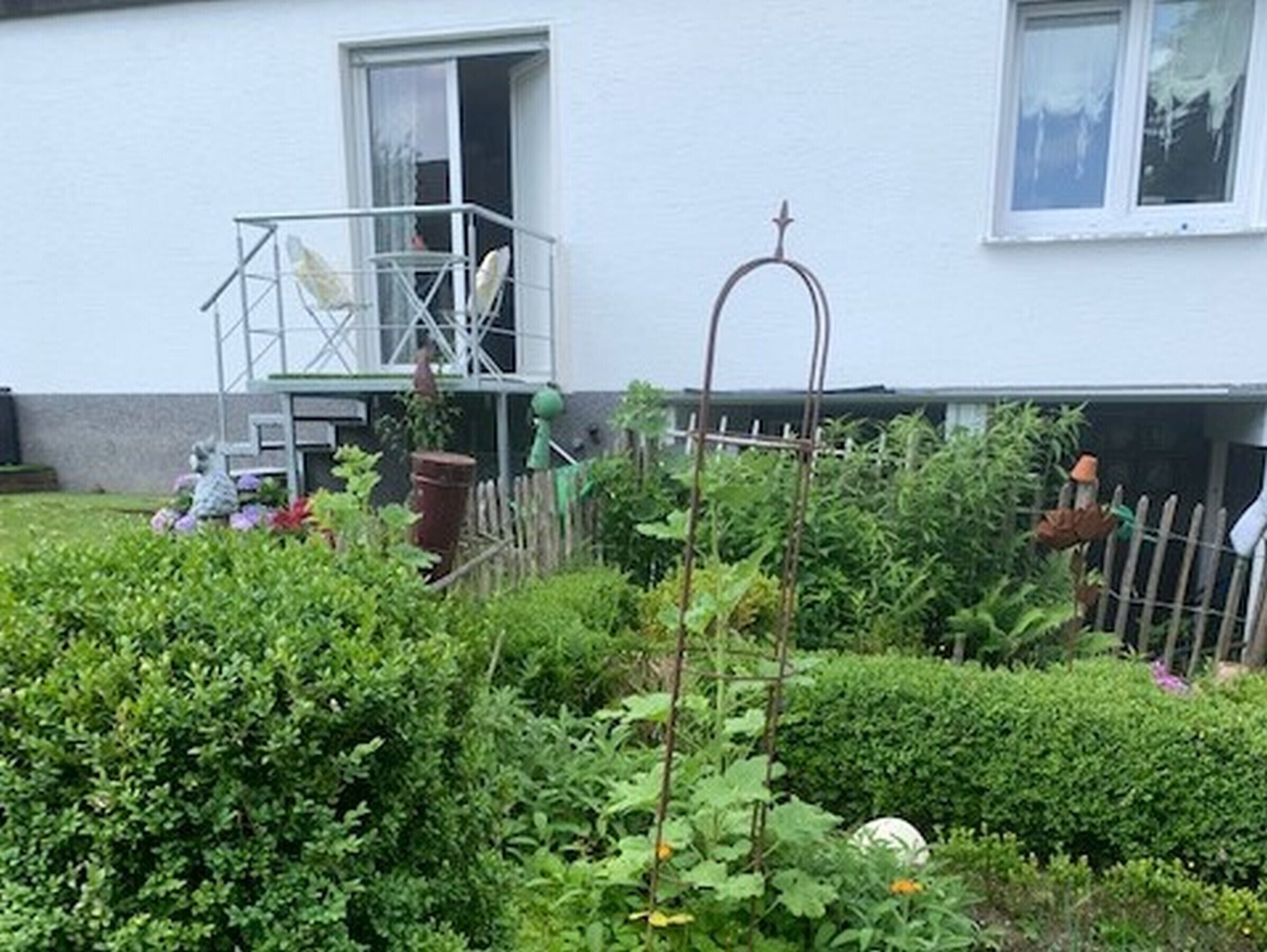 A garden with a metal trellis, a wooden fence, and various plants.