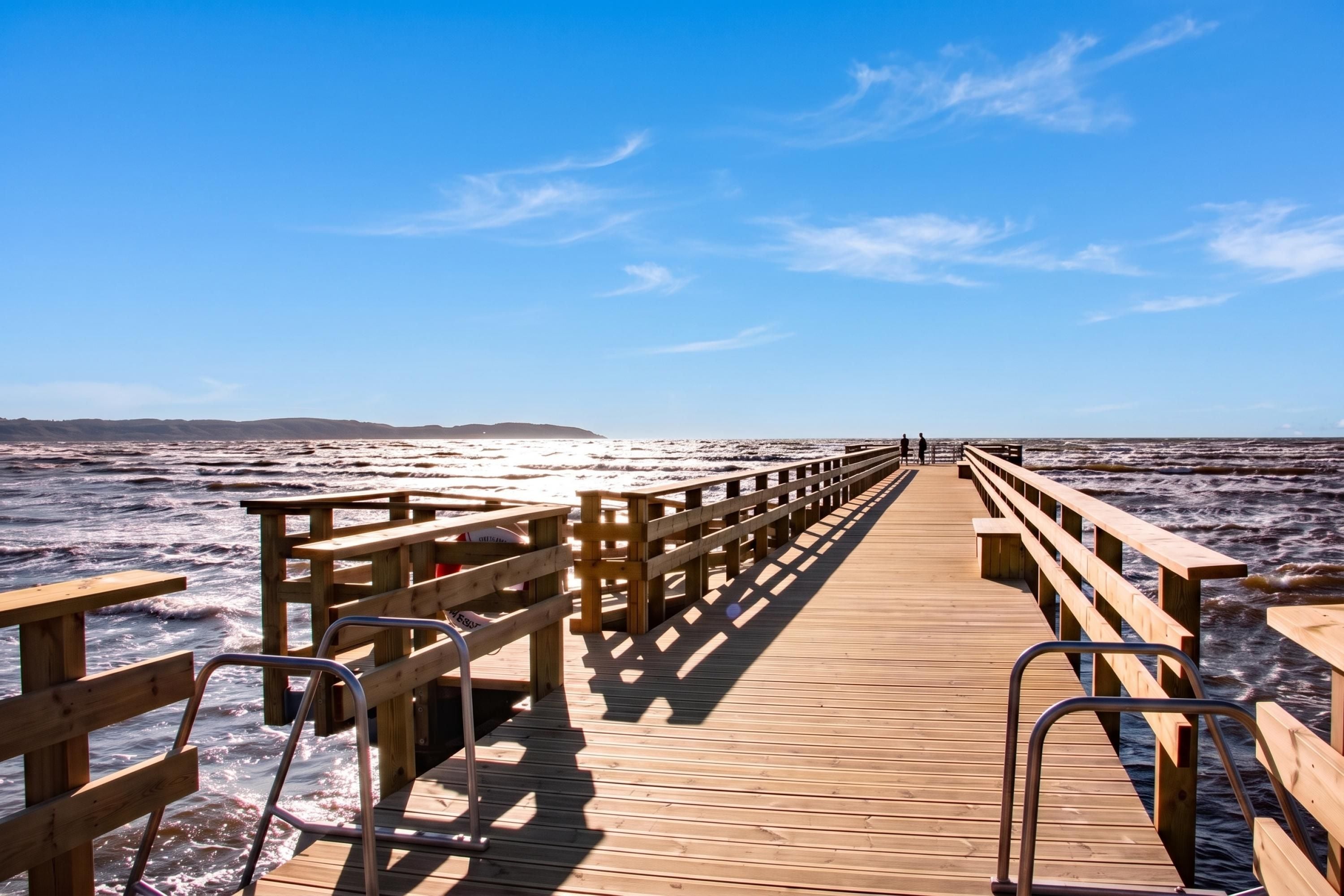 A wooden pier extending into a body of water with a clear sky above.