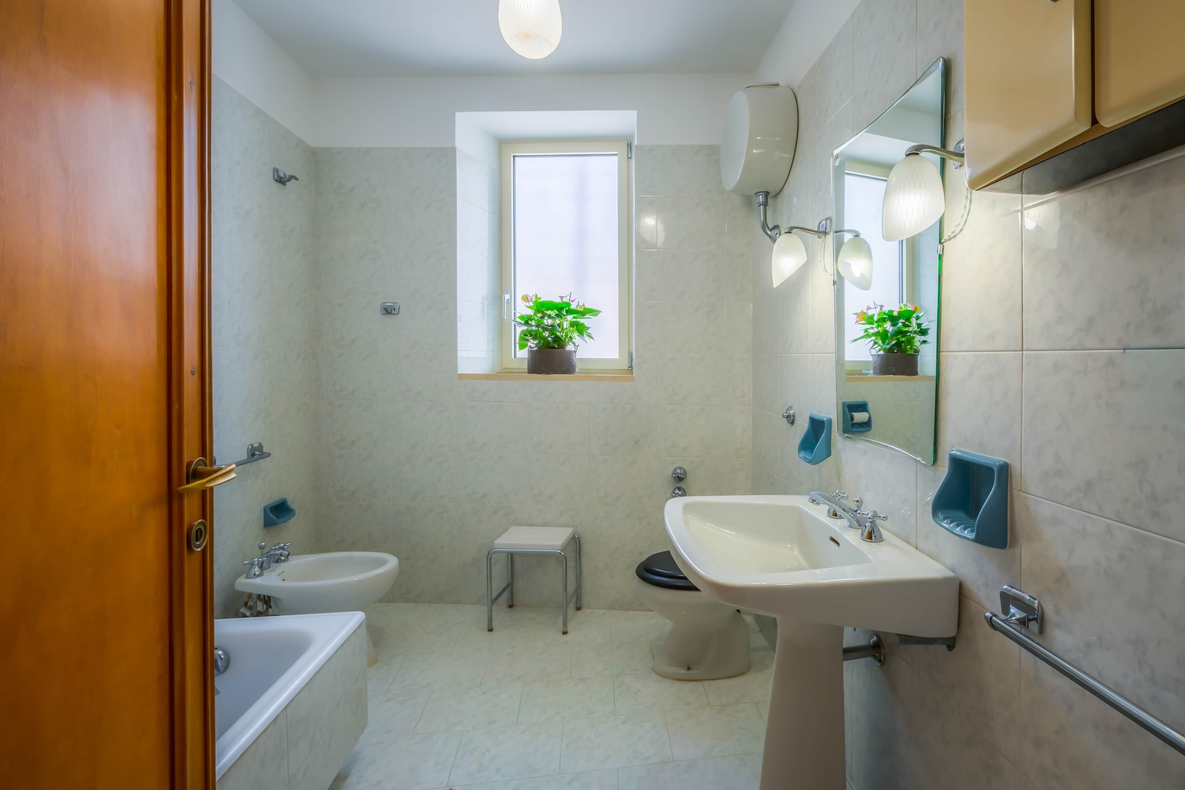A bathroom with a bathtub, a sink, a toilet, a window with a plant, and a mirror.