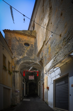 A narrow alleyway with a rustic building, a closed shuttered door, and a hanging light fixture.