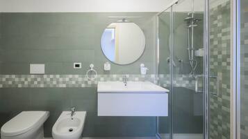 Shower, hair dryer, bidet, towels