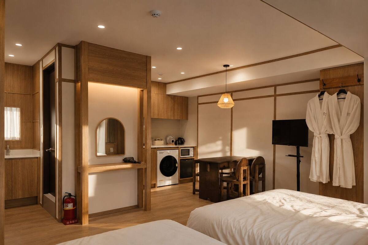 A modern hotel room with a wooden floor, a washing machine, a TV, and a dining area.