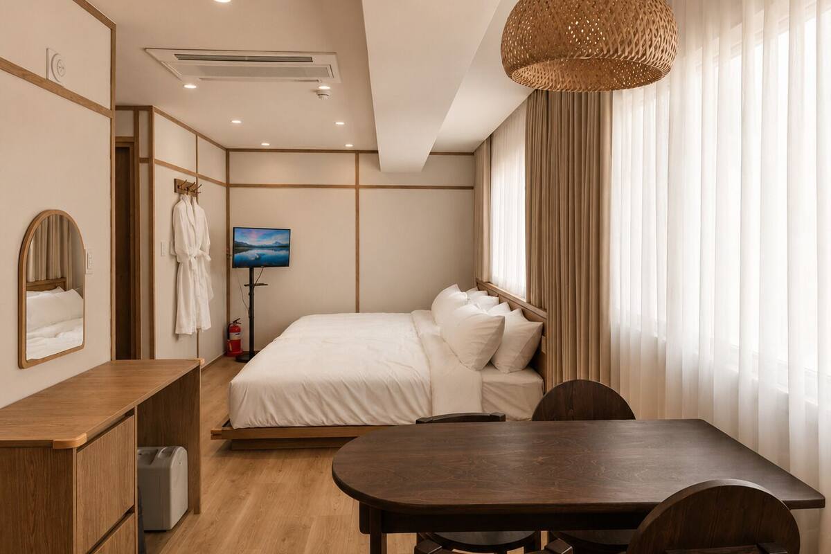 A hotel room with a bed, a TV, a wooden desk, and a dining table.