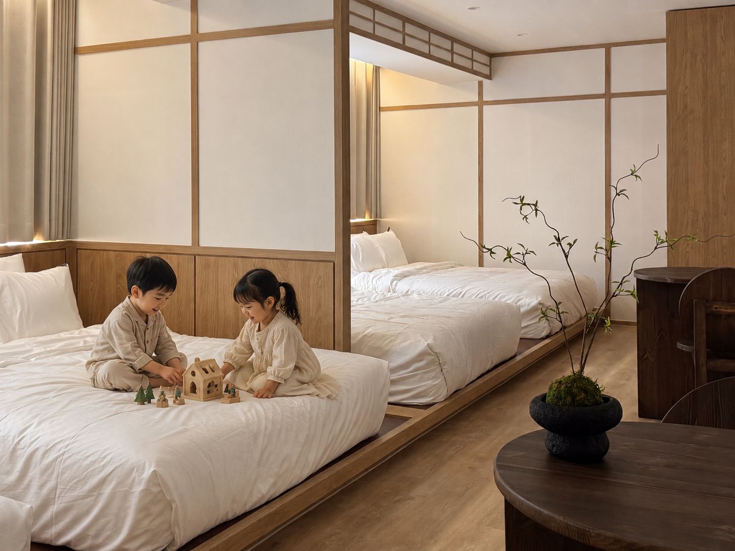 A hotel room with a bed, a bedside table with a plant, and a wooden headboard.