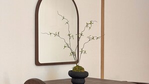 Taula rodona de fusta amb una planta en test, una cadira de fusta i un mirall fixat a la paret.