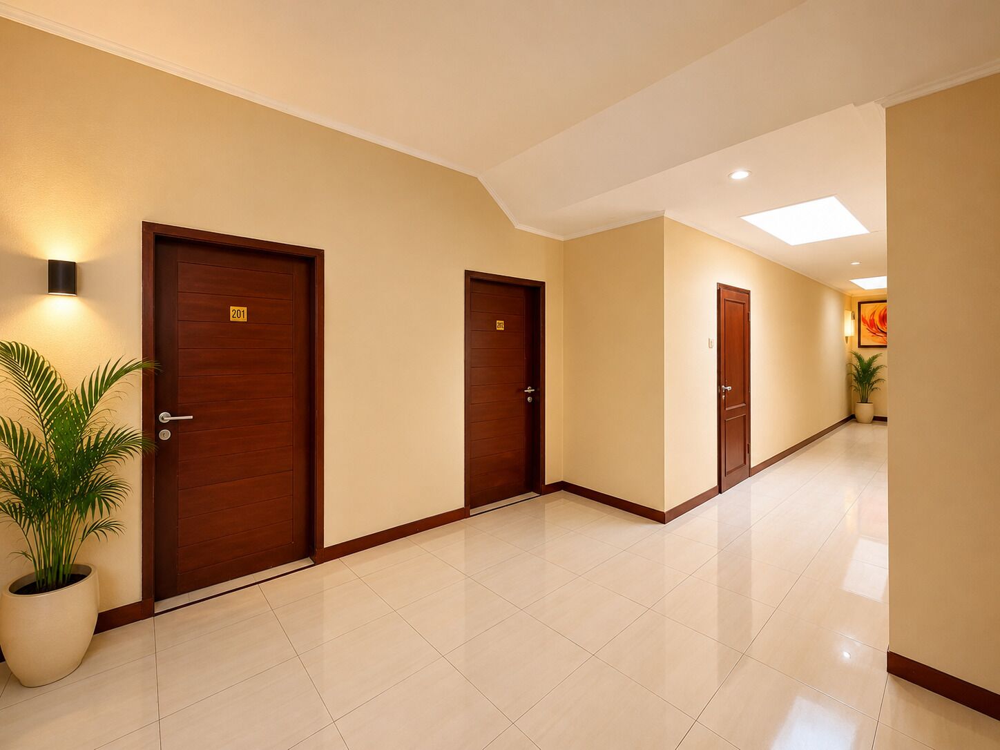 A hallway with three wooden doors, a potted plant, and a ceiling light.