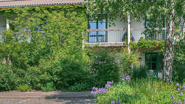 Ein Gebäude mit einem Ziegelweg, der zu einer grünen Tür führt, umgeben von üppiger Vegetation und blühenden Pflanzen.